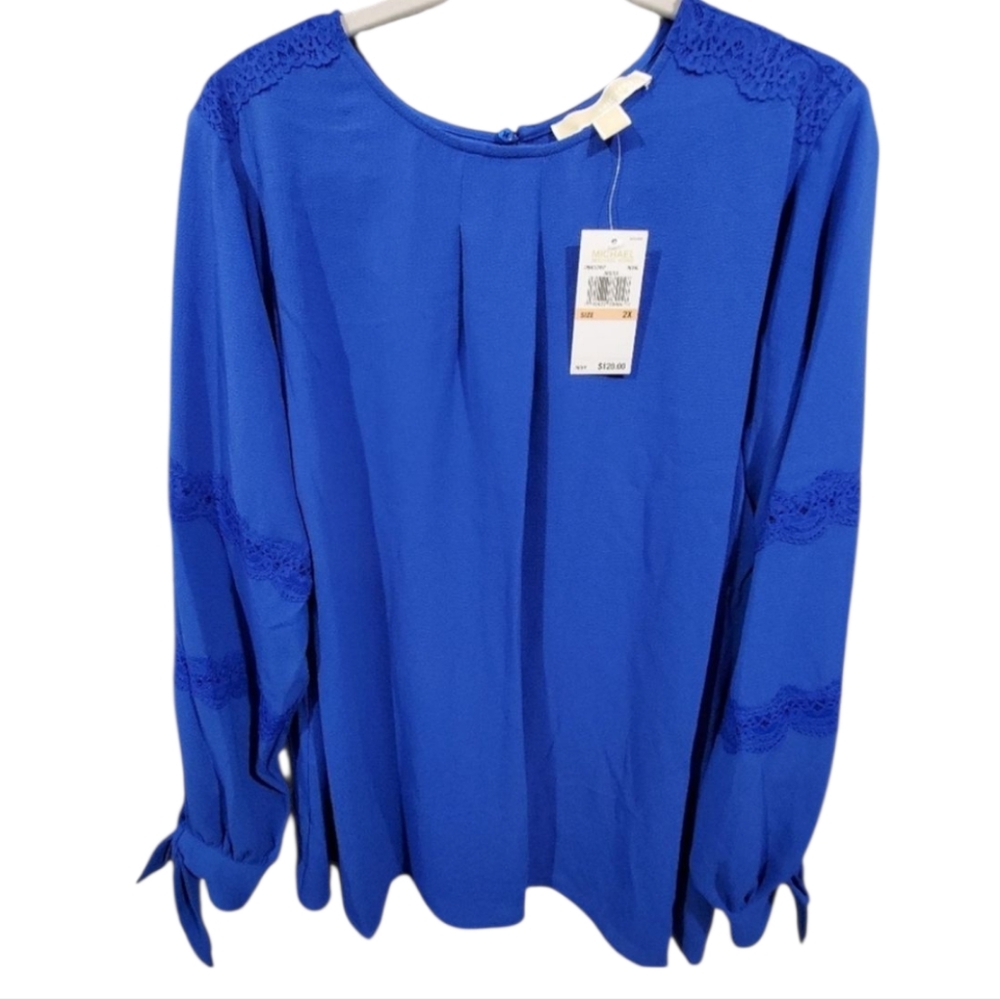 Michael Kors lace royal blue long sleeve‎ boho peasant blouse shirt plus size 1X
